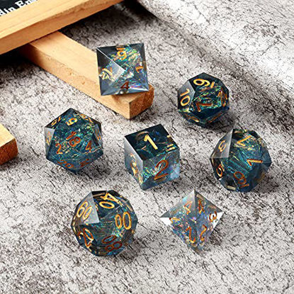 Picture of Dungeons and Dragons Dice Set,DNDND Handmade Sharp Edge 7 Die with Gift Dice Case for DND Dungeons and Dragon Game (Dark Cyan with Gold Number)