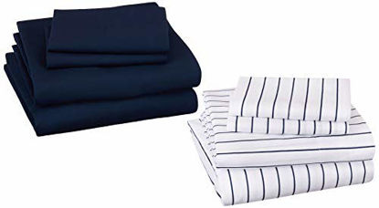 Picture of Amazon Basics Soft Microfiber Sheet Set with Elastic Pockets - Full, Pinstripe/Navy, 2-Pack