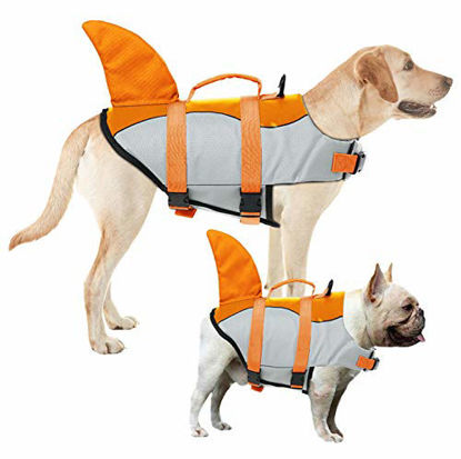 Picture of AOFITEE Dog Life Jacket Pet Safety Vest, Adjustable Dog Lifesaver Ripstop Pet Life Preserver with Rescue Handle for Small Medium and Large Dogs (Orange Shark, S)