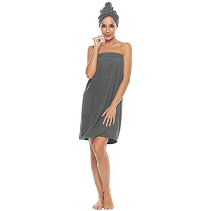 Picture of Orrpally Women Bath Wrap Spa Towel & Hair Towel Lightweight Terry Cloth Wrap Adjustable Bathrobe Grey S/M