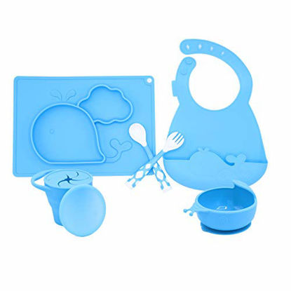 Picture of 5 PC Silicone Dinnerware Baby Place Mat Cup Flatware Bowl Bib Fork and Spoon Anti Slip Easy to Clean Kids Placemat Fun Animal Shapes and Colors 5 Piece Set Blue (Whale)
