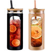 Picture of Kodrine 20oz Glass Water Bottle with Straw and Lid,Bamboo Lids Water Tumbler, Iced Coffee Cup Reusable, Wide Mouth Smoothies Cup, Straw Silicone Protective Sleeve BPA FREE--Black+Amber-2pack