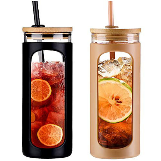 Picture of Kodrine 20oz Glass Water Bottle with Straw and Lid,Bamboo Lids Water Tumbler, Iced Coffee Cup Reusable, Wide Mouth Smoothies Cup, Straw Silicone Protective Sleeve BPA FREE--Black+Amber-2pack