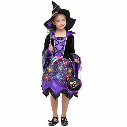 Picture of #NA Girls Light-up Witch Halloween Costumes Kids Fancy Dress Set (Purple, 10-12 Years