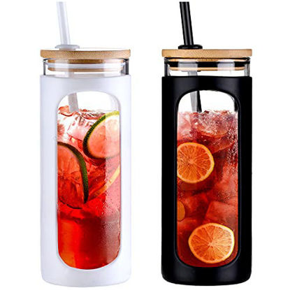 Picture of Kodrine 20oz Glass Water Bottle with Straw and Lid,Bamboo Lids Water Tumbler, Iced Coffee Cup Reusable, Wide Mouth Smoothies Cup, Straw Silicone Protective Sleeve BPA FREE-White+Black-2pack
