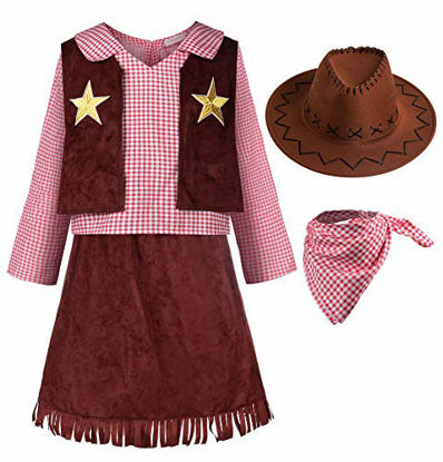 Picture of ReliBeauty Western Cowgirl Costume for Girls Funny Holiday Party Princess Dress Up Outfit for Kids Brown,10-12(150)