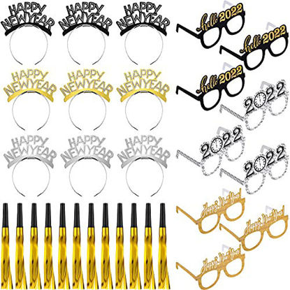 Picture of 30 Pieces New Year Party Supplies Includes Happy New Year Headband Tiara Fancy New Year Eyeglasses and Golden Glitter Metallic Fringed Noise Makers New Year Photo Props for 2022 New Year Party Favors