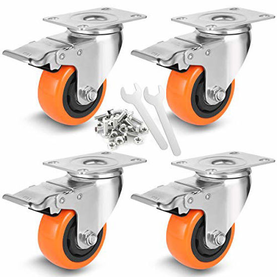 W B D WEIBIDA 2-inch zwenkwielen met dubbele vergrendeling, 600 Lbs laadvermogen oranje polyurethaan wielen, geen lawaai en duurzame zwenkwielen voor karren, trolleys, meubels, apparatuur, set van 4