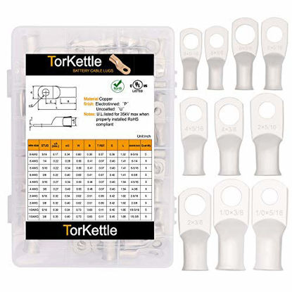 Picture of Tinned Copper Battery Ring Terminal Connectors,UL Listed AWG8-1/0 Cable Wire Lugs Ends Assorted 10 Sizes Kit-50PCS,Marine Grade Wiring Eyelets