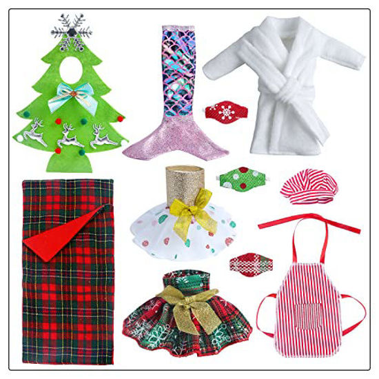 Picture of 10Pcs Santa Couture Christmas Elf Doll Clothes Christmas Doll Clothing Costume Accessories Includes Sleeping Bag, Bathrobe, Skirts, Mermaid, Apron and Chef Cap