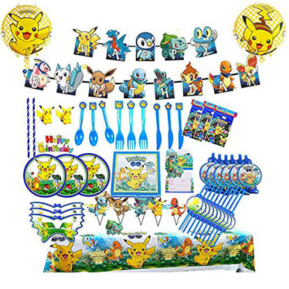 Picture of 141 Pcs Pika chu Birthday Party Supplies Poke mons Theme Party Decoration for Kids Boys and Girls Includes Cake Decorations Plates Table Cloth