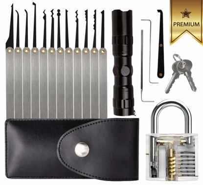 Picture of Lock Set Training Kit with Flashlight & Padlock - 15Pcs Stainless Steel Practice Multi-Tools for Beginners and Professional Locksmith