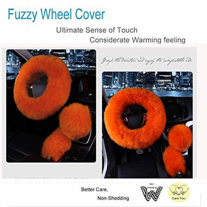 Picture of Younglingn Car Steering Wheel Cover Gear Shift Handbrake Fuzzy Cover 1 Set 3 Pcs Multi-colored with Winter Warm Pure Wool Fashion for Girl Women Ladies Universal Fit Most Carorange