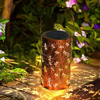 Picture of Solar Lanterns Outdoor Hanging Lantern Lights, Dragonfly Hollowed-Out Metal Decor Lantern, Waterproof LED Decorative Garden Light - Delicate Garden Decoration for Patio, Yard, Pathway, Landscape