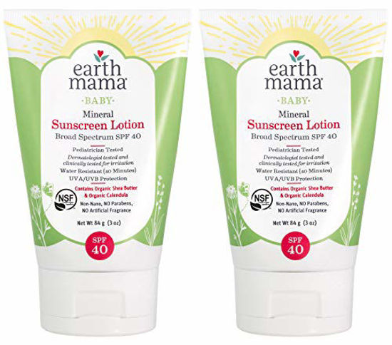 Picture of Baby Mineral Sunscreen Lotion SPF 40 by Earth Mama | Reef Safe, Non-Nano Zinc, Contains Organic Red Raspberry Seed Oil, Shea Butter & Calendula, 3-Ounce (2-Pack)