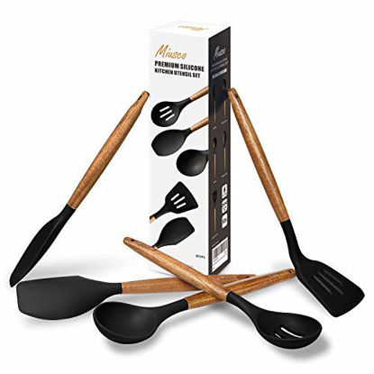 Picture of Miusco Non-Stick Silicone Kitchen Utensils Set with Natural Acacia Hard Wood Handle, 5 Piece, Black, BPA Free, Baking & Serving Silicone Cooking Utensils