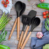 Picture of Miusco Non-Stick Silicone Kitchen Utensils Set with Natural Acacia Hard Wood Handle, 5 Piece, Black, BPA Free, Baking & Serving Silicone Cooking Utensils