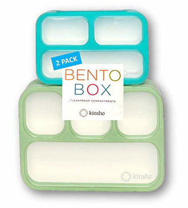 Picture of Leakproof Bento-Box Lunch-Boxes for Women, Kids. Large Green 4 Compartments and Mini Blue 3 Compartment Containers for Lunches, Snacks. BPA Free Set of 2.