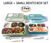 Picture of Leakproof Bento-Box Lunch-Boxes for Women, Kids. Large Green 4 Compartments and Mini Blue 3 Compartment Containers for Lunches, Snacks. BPA Free Set of 2.