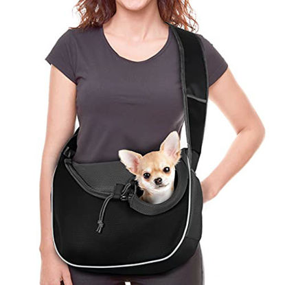 Picture of WOYYHO Large Dog Sling Carrier Pet Sling Carrier Mesh Hand Free Safe Dog Crossbody Bag Dog Satchel Carrier with Bottom Pad Support for Small Medium Dog Cat Rabbit ( Black )