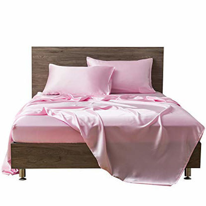 Picture of MR&HM Satin Bed Sheets, Twin XL Size Sheets Set, 3 Pcs Silky Bedding Set with 15 Inches Deep Pocket for Mattress(Twin XL, Pink)