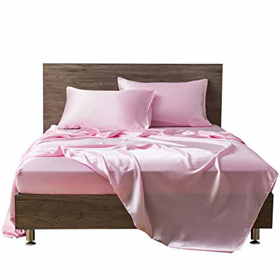 Picture of MR&HM Satin Bed Sheets, Twin XL Size Sheets Set, 3 Pcs Silky Bedding Set with 15 Inches Deep Pocket for Mattress(Twin XL, Pink)