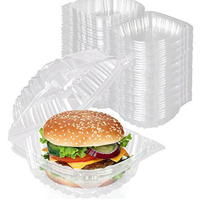 Picture of Stock Your Home Plastic 5 x 5 Inch Clamshell Takeout Trays (100 Pack) - Dessert Containers - Plastic Hinged Food Container - Disposable Plastic to Go Boxes for Salads, Pasta, Sandwiches
