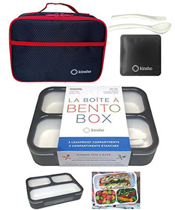 Picture of Bento Box with Lunch Bag and Ice Pack Set. Containers for Kids Adults Snacks and Lunches. 3 Compartments, Leakproof Portion Container Boxes Insulated Bags for School or Work, Grey - Black