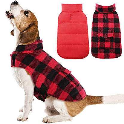 Picture of Kuoser British Style Plaid Dog Winter Coat, Windproof Cozy Cold Weather Dog Coat Dog Apparel Dog Jacket Dog Vest for Small Medium and Large Dogs with Pocket & Leash Hook Red XXL