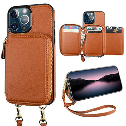 Picture of Bocasal RFID Blocking Wallet Case for iPhone 13 Pro Max, Adjustable Crossbody Zipper Purse Case Card Holder with Kickstand Detachable Wrist Strap, PU Leather Flip Folio Case 6.7 Inch 5G (Brown)