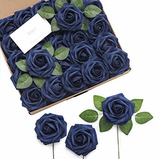 Picture of Ling's moment Rose Artificial Flowers 50pcs Realistic Navy Blue Roses w/Stem for DIY Wedding Bouquets Centerpieces Bridal Shower Party Home Decorations (Navy Blue, 50pcs Regular 3")