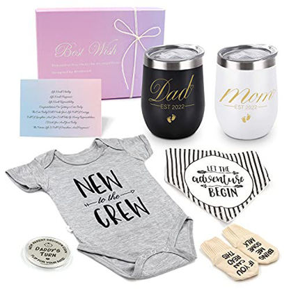Picture of Pregnancy Gift Est 2022, New Mommy and Daddy Stainless Steel Wine Tumbler Set with Romper Baby Socks Drool Bib and Decision Coin - Top Mom Dad Gift Set for New and Expecting Parents to Be (Est 2022)