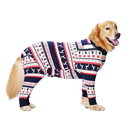 Picture of Dog Recovery Suit After Surgery Female Male, Soft Long Sleeve Dog Neuter Shirt Cone Alternatives, Prevent Licking Dog Surgical Onesies for Large Medium Dog Shedding Suit (2XL, Christmas Blue)
