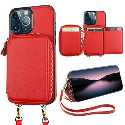 Picture of Bocasal RFID Blocking Wallet Case for iPhone 13 Pro, Adjustable Crossbody Zipper Purse Case Card Holder with Kickstand Detachable Wrist Strap, PU Leather Flip Folio Case 6.1 Inch 5G (Red)