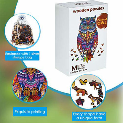 Picture of Owl Wooden Puzzles for Adults Wooden Jigsaw Puzzles Owl Animal Shape Colorful Puzzles Funny Bird Puzzles Animal Shaped Craft Toy with Storage Bag and Storage Box for Boys Girls Present (Style 1)