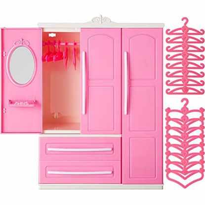 Picture of Doll Closet Furniture Wardrobe Clothing Organizer Doll Open Wardrobe Dollhouse Closet with 20 Pieces Doll Hangers 2 Style Pink Plastic Hangers Dollhouse Furniture Accessories