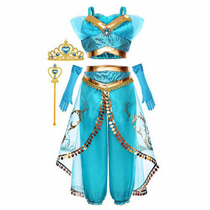 Picture of Princess Jasmine Costume Dress Up Clothes Fancy Sequined Arabian Outfit Attire with Tiara Wand Gloves Accessories Set for Little Toddler Girls Kids Halloween Cosplay Birthday Party 5T 6T 5-6 Years