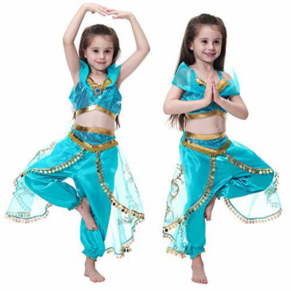 Picture of Princess Jasmine Costume Dress Up Clothes Fancy Sequined Arabian Outfit Attire with Tiara Wand Gloves Accessories Set for Little Toddler Girls Kids Halloween Cosplay Birthday Party 3T 3 Years