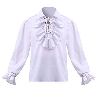 Picture of Boys Medieval Pirate Shirt Child Renaissance Ruffle Shirt Scottish Jacobite Ghillie Tops Kids white 10 Years