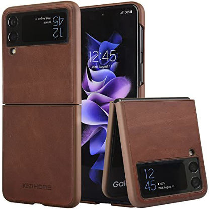 Picture of KEZiHOME Samsung Galaxy Z Flip 3 Case, Genuine Leather Samsung Z Flip 3 5G Case, Durable Minimalist Ultra Thin Slim Cover Protective Phone Case Compatible with Samsung Galaxy Z Flip 3 2021 (Brown)