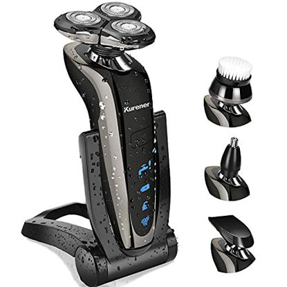 Picture of Kurener Electric Shaver Razor for Men Rechargeable 100% Waterproof Rotary for Shaving with Nose Trimmer Sideburns Trimmer Face Cleaning Brush