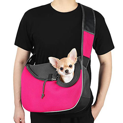 Picture of WOYYHO Large Dog Sling Carrier Pet Sling Carrier Mesh Hand Free Safe Dog Crossbody Bag Dog Satchel Carrier with Bottom Pad Support for Small Medium Dog Cat Rabbit ( Pink )
