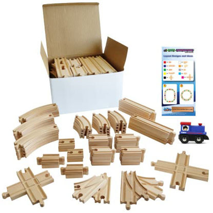 Picture of Tiny Conductors 67 Piece Wooden Train Track Set with Train Car, 100% Real Wood, Compatible with Thomas and All Other Major Brands Wooden Toy Railroad Sets (67-Piece)