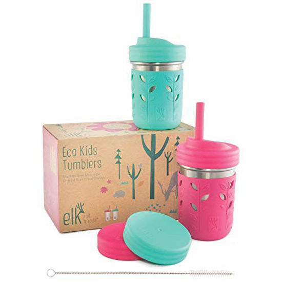 GetUSCart- Elk and Friends Stainless Steel Cups, Mason Jar 10oz, Kids & Toddler  Cups with Silicone Sleeves & Silicone Straws with Stopper