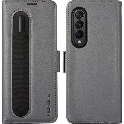 Picture of KEZiHOME Samsung Galaxy Z Fold 3 5G Case with S Pen Holder, Galaxy Z Fold 3 Wallet Case [RFID Blocking] PU Leather Card Slot Flip Magnetic Phone Cover Compatible with Samsung Z Fold 3 5G (2021) (Gray)
