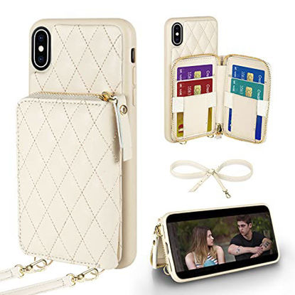 Picture of LAMEEKU iPhone Xs Wallet Case, iPhone X Quilted Leather Wallet Case Card Holder Case with Lanyard Strap Women Zipper Wallet Case Compatible with iPhone X/XS 5.8"-Beige