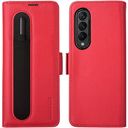 Picture of KEZiHOME Samsung Galaxy Z Fold 3 5G Case with S Pen Holder, Galaxy Z Fold 3 Wallet Case [RFID Blocking] PU Leather Card Slot Flip Magnetic Phone Cover Compatible with Samsung Z Fold 3 5G (2021) (Red)