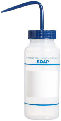Picture of Bel-Art Safety-Labeled 2-Color Soap (No Diamond) Wide-Mouth Wash Bottles; 500ml (16oz), Polyethylene w/Blue Polypropylene Cap (Pack of 6) (F11646-0614)