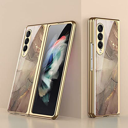 Picture of SHIEID Samsung Z Fold 3 Case, Z Fold 3 Case Ultra-Thin Tempered Glass Phone Case Protective Cover for Samsung Galaxy Z Fold 3 5G Fashion Electroplated PC Back Cover, Champagne Color