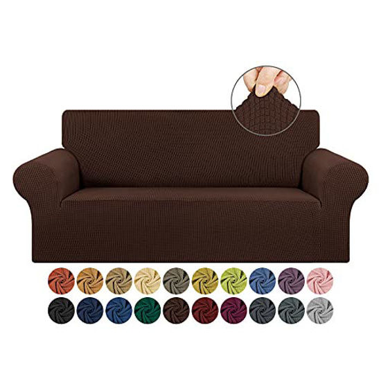 Picture of KEKUOU Stretch Loveseat Sofa Slipcover 1 Piece Couch Sofa Cover (55"-79") Furniture Protector 2 Seater Sofa with Elastic Bottom for Kids,Pet.Jacquard Small Checked Pattern Fabric(Medium,Chocolate)